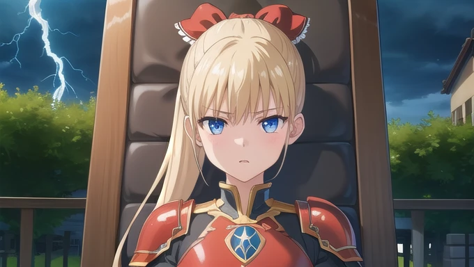 ((masterpiece)),(best quality),Official Art,extremely delicate and beautiful,Extremely detailed CG,Unity 8k Wallpaper,Super detailed,Beautiful and delicate eyes,Extremely detailed face,1 Girl,Solitary,(whole body:1.5),very long hair,blonde hair,High double ponytail,Hair ribbon,Red belt,Bangs,blue eyes,Thunder.The Sky-Shocking Roar，Lightning Field，A look of dignified contempt，Lightning Spear，Thunder King，Throne of Thunder，armor