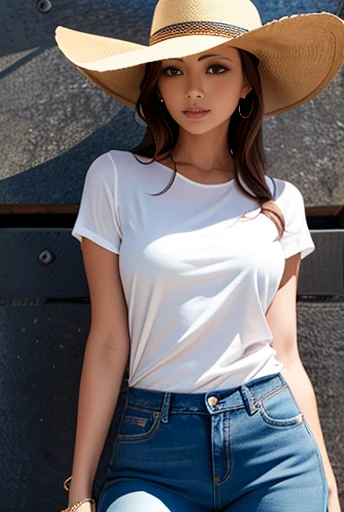 Uma mulher exuberante em estilo country. Sua pele bronzeada brilha sob o sol do fim de tarde, olhos verdes cintilantes e cabelos loiros ondulados caem sobre os ombros. She wears a brown cowboy hat, camisa xadrez vermelha justa, jeans desgastados e botas de couro decoradas com bordados intricados, She&#39;s in a cinematic country town, with dirt streets and classic wooden buildings. The golden light of the sunset bathes the scene, creating a nostalgic and vivid environment.