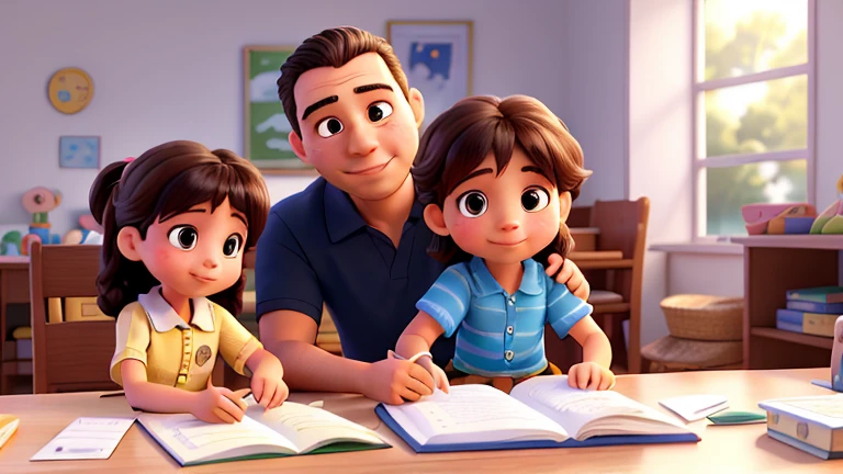 A scenic tableau unfolds as a radiant father and mother, their faces perfect and full of joy, gaze upon their 6-year-old children diligently solving math problems from a book. The room is bathed in an 8k luminescence, the stark white background impeccably clean and clear, reminiscent of a movie cover. A masterpiece of photography, the details are meticulously captured, every facial expression and carefree stroke of a little hand painstakingly rendered. The children work harmoniously, their focus unwavering, as the promise of a bright future seems to sparkle in their eyes. The scene, a testament to the unwavering bond