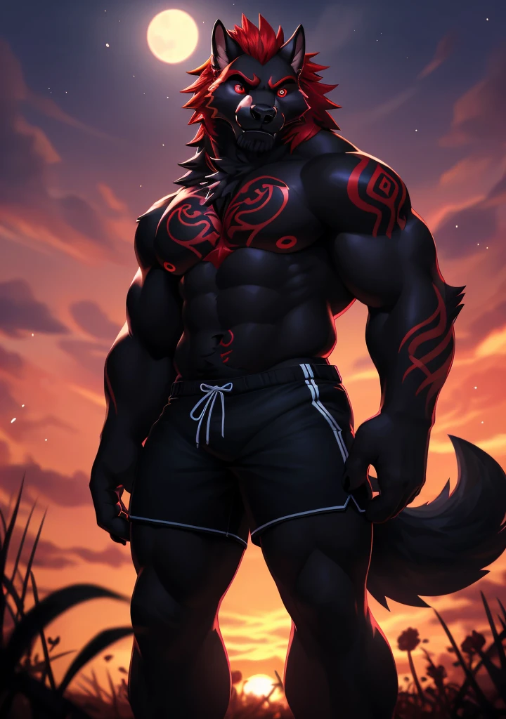 male alpha wolf in garden, black skin, red tattoo, waning moon tattoo on chest, ((heterochromia, blue left eye, red right eye)) dreamy background, kindness, ((serious, frightening expression)), unlimited light, magnificent sunset background, octane render, beautiful features, beautifully detailed eyes, intricate skin, detailed face, perfect skin texture, extreme details, full body vision,  cinematic lighting, professional lighting, centered, looking at the camera, 8k, shooting with Hasselblad X1D-50, maximum focus, depth of field, perfect lighting, light particles, (best quality), (masterpiece), (ultra detailed), sharp focus, light particles, standing, black shorts, standing, detailed legs, detailed paws,