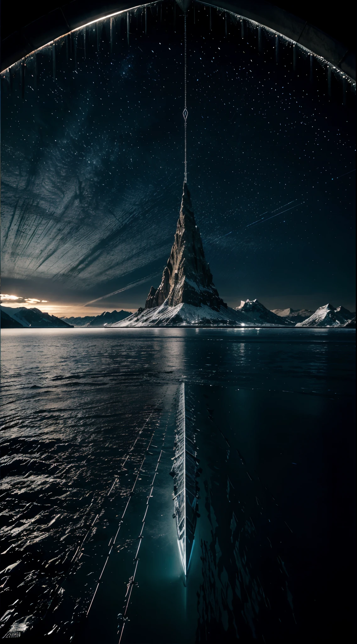 Hd wallpaper, glowing arcs and metalic light chains of in frozen surface of the lake, top view photography in the style of cinematic poster and high clarity, in the style of game of thrones, unpleasant, horror, terrifying look, uhd, 8k resolution, balanced, high dynamic range color, strong highlight