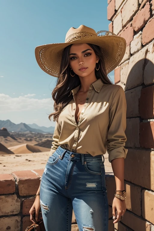 Uma mulher exuberante em estilo country. Sua pele bronzeada brilha sob o sol do fim de tarde, olhos verdes cintilantes e cabelos loiros ondulados caem sobre os ombros. She wears a brown cowboy hat, camisa xadrez vermelha justa, jeans desgastados e botas de couro decoradas com bordados intricados, She's in a cinematic country town, with dirt streets and classic wooden buildings. The golden light of the sunset bathes the scene, creating a nostalgic and vivid environment.