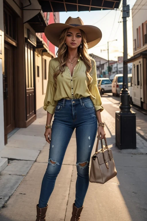 Uma mulher exuberante em estilo country. Sua pele bronzeada brilha sob o sol do fim de tarde, olhos verdes cintilantes e cabelos loiros ondulados caem sobre os ombros. She wears a brown cowboy hat, camisa xadrez vermelha justa, jeans desgastados e botas de couro decoradas com bordados intricados, She's in a cinematic country town, with dirt streets and classic wooden buildings. The golden light of the sunset bathes the scene, creating a nostalgic and vivid environment.