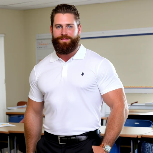Long dark hair , dad , white polo shirt , teacher , classroom , beard , muscle, erect cock, erect penis