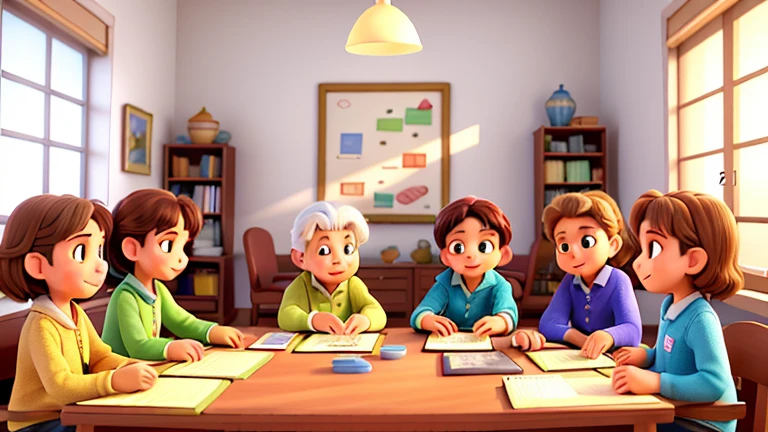 Six seniors, about 60 years old, with perfect, joy-filled faces, are sitting around reading books and diligently solving math problems. The room is filled with 8k luminescence, and the pure white background is impeccably clean and vivid, reminiscent of a movie cover. A photographic masterpiece, every detail has been meticulously captured, with every expression and carefree stroke of small hands painstakingly rendered. They work harmoniously with unwavering focus, with the promise of a bright future sparkling in their eyes. A scene that proves unchanging bonds