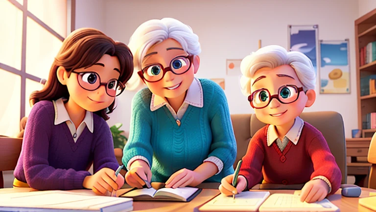 Six seniors, about 60 years old, with perfect, joy-filled faces, are sitting around reading books and diligently solving math problems. The room is filled with 8k luminescence, and the pure white background is impeccably clean and vivid, reminiscent of a movie cover. A photographic masterpiece, every detail has been meticulously captured, with every expression and carefree stroke of small hands painstakingly rendered. They work harmoniously with unwavering focus, with the promise of a bright future sparkling in their eyes. A scene that proves unchanging bonds