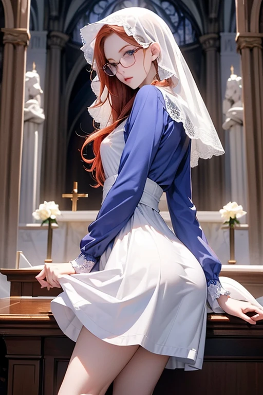 Tall, slender ((redhead)) woman of Irish descent. (pale:1.3)complexion. blue eyes, cute butt, nice legs. Kind eyes, reverent. Eyeglasses, light makeup, long sleeves, lavender lace long ruffle dress, kitten heel shoes, head veil, Sunday best. In Catholic Church, praying Rosary.