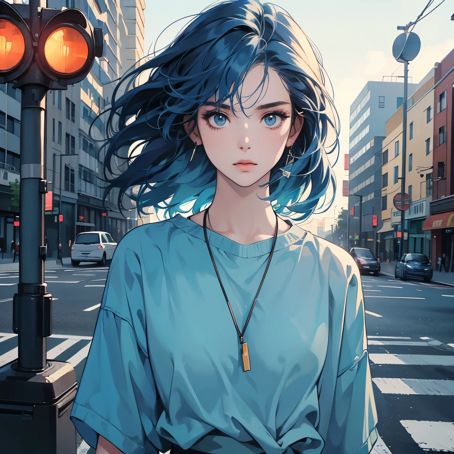 Upper body, one beautiful woman, 4K, blue shirt, crosswalk, traffic light, intersection, complex background, fine hair, blue hair, pale lighting, wind blowing, mysterious look