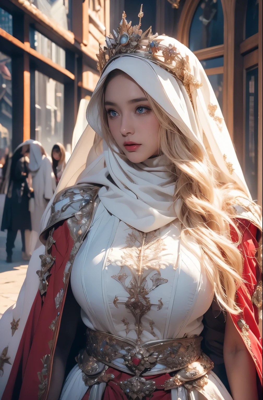 Dark ambiance,old European townde in the background、white wolf、 ((highest quality、masterpiece、8k、best image quality、ultra high resolution、Award-winning work)、(accurate ???????:1.1)、(look at me and smile:1.1)、Shining fair skin with ultra high resolution、most detailed face、ultra high resolution detailed face、white short hair flowing 、Beautiful face drawn in every detail、(blurred background:1.1)、traditional Georgia man costume, tiny breast, real wolf beside the girl 