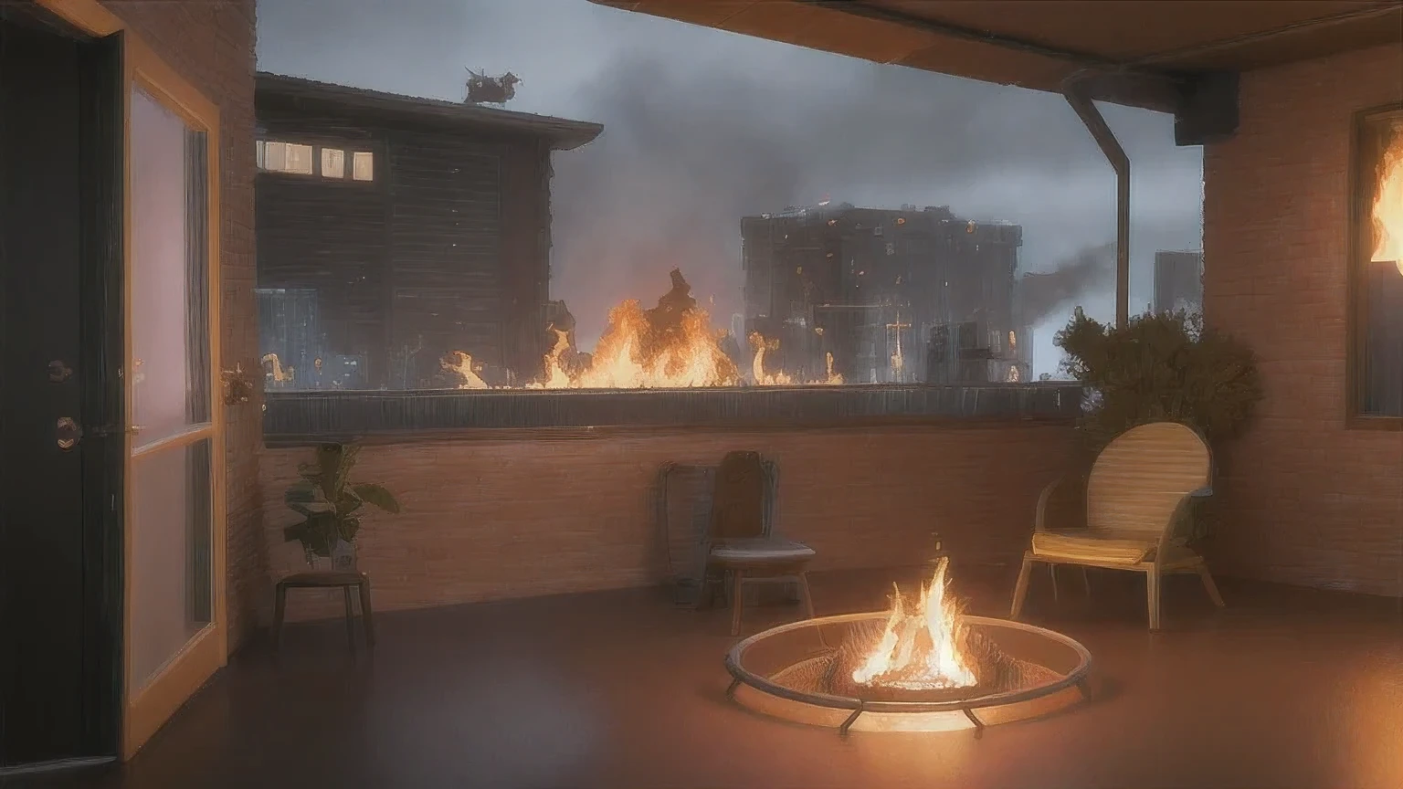 there are four chairs around a fire pit in a room, inspired by Mike Winkelmann, set in tokyo rooftop, rendered in unreal engine 4k hq, rendered in unreal engine 4 k hq, render unreal engine-h 704, render unreal engine - h 7 0 4, cyberpunk interior, fire, burning scene in the background, 8k vfx render, highly detailed vfx scene, hyperealistic octane render, hyper - realistic vfx render, unreal engine render concept art, unreal engine. film still, greg rutkowski. octane render, hyperrealistic vfx render, 8k octane unreal render, unreal engine 5 render dramatic, unreal octane render