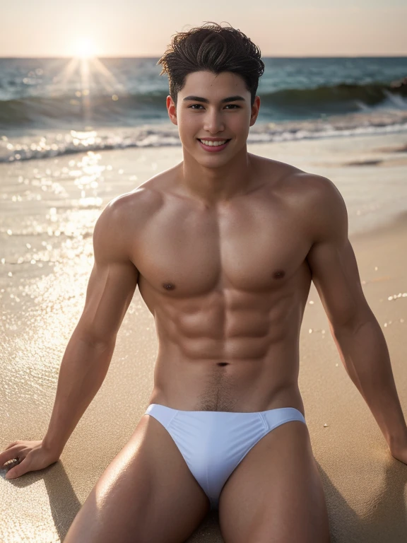 (ung man), age 18, Opposite 3, (Masterpiece, Excellent quality, high resolution, 8ก, complex: 1.2), (detailed face: 1.2), (sexy bikini thong), (shirtless, topless), pubes, lifted arms, Very handsome, Wavy abdominal muscles, Abdominal hair, Beautiful skin, short hair, Lying on the sand on the beach, (Lift your thighs up and spread them apart), The body was wet, There were water droplets on the body, Focus Man, ((realistic)), good lighting quality, delicate body, Idol, ((Pale skin)), balanced eyes, brown eyes, smile, white teeth, smooth hair,