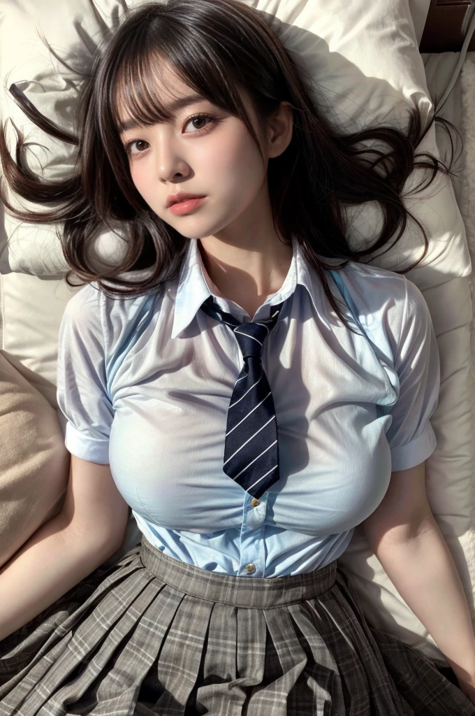 masterpiece, best quality, illustration, Super detailed, fine details, High resolution, 8K,wall paper, perfect dynamic composition,(Details High quality, realistic depiction of eyes:1.3), lie on bed, short hair, (wavy hair:1.2),High school girl uniform、Colossal tits、Disturbed uniform, huge breasts, black hair color, Big Natural Color Lip, bold sexy pose, crying a little、cold gaze, Harajuku style、20 year old girl、cute type、lolita、hotel room, Sexy shot, make up, (lie on one’s back, sleeping on bed, from above), ((overhead shot)),