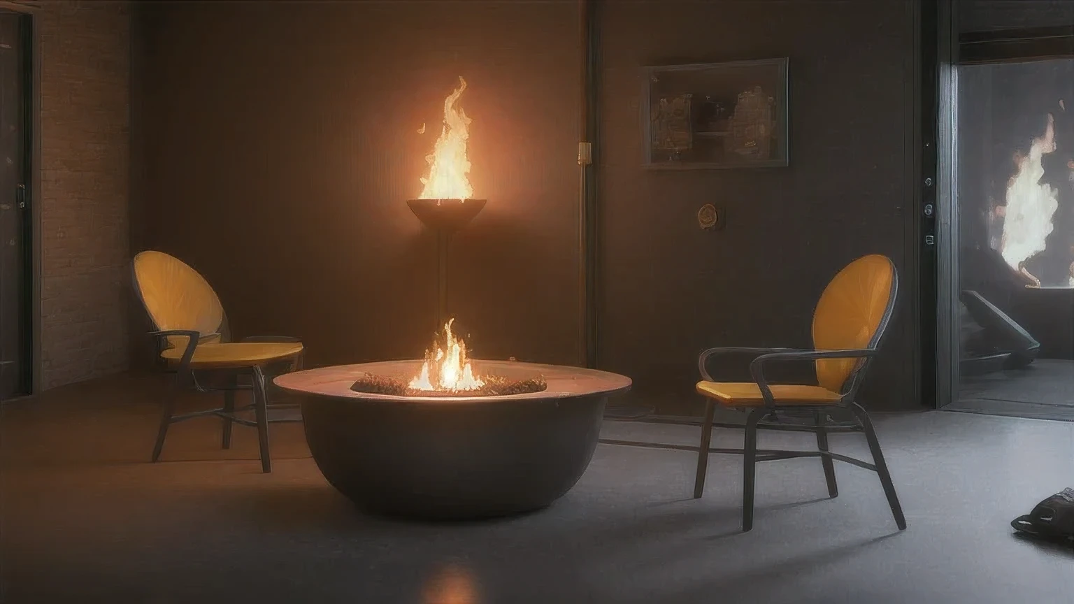 there are four chairs around a fire pit in a room, inspired by Mike Winkelmann, set in tokyo rooftop, rendered in unreal engine 4k hq, rendered in unreal engine 4 k hq, render unreal engine-h 704, render unreal engine - h 7 0 4, cyberpunk interior, fire, burning scene in the background, 8k vfx render, highly detailed vfx scene, hyperealistic octane render, hyper - realistic vfx render, unreal engine render concept art, unreal engine. film still, greg rutkowski. octane render, hyperrealistic vfx render, 8k octane unreal render, unreal engine 5 render dramatic, unreal octane render