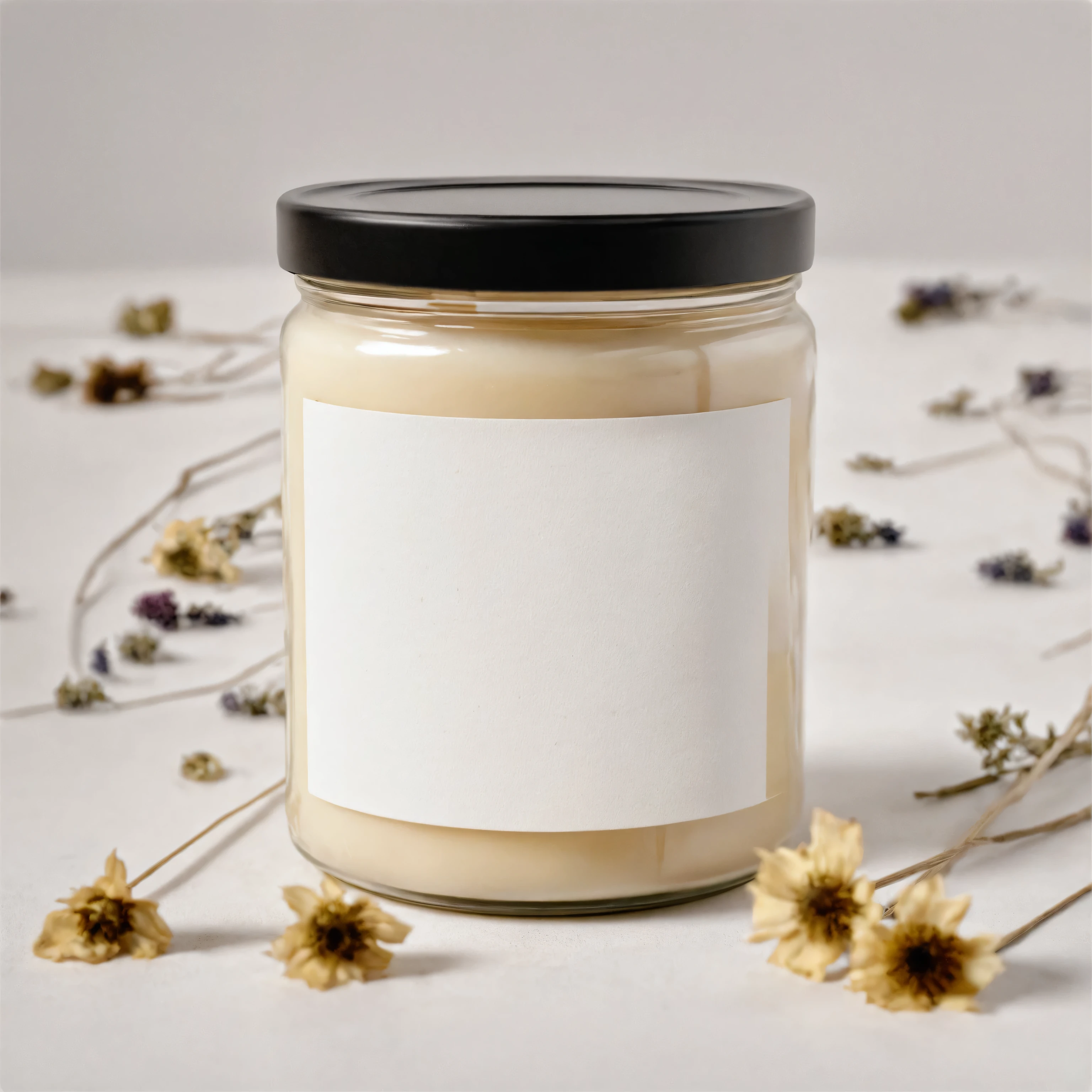 Mockup empty, a blank beige candle in a jar with white label and black lid standing on a white plain surface, surrounded with abstract dried flowers composition, professional mockup photography, plenty dried flowers in background lots of dried flowers