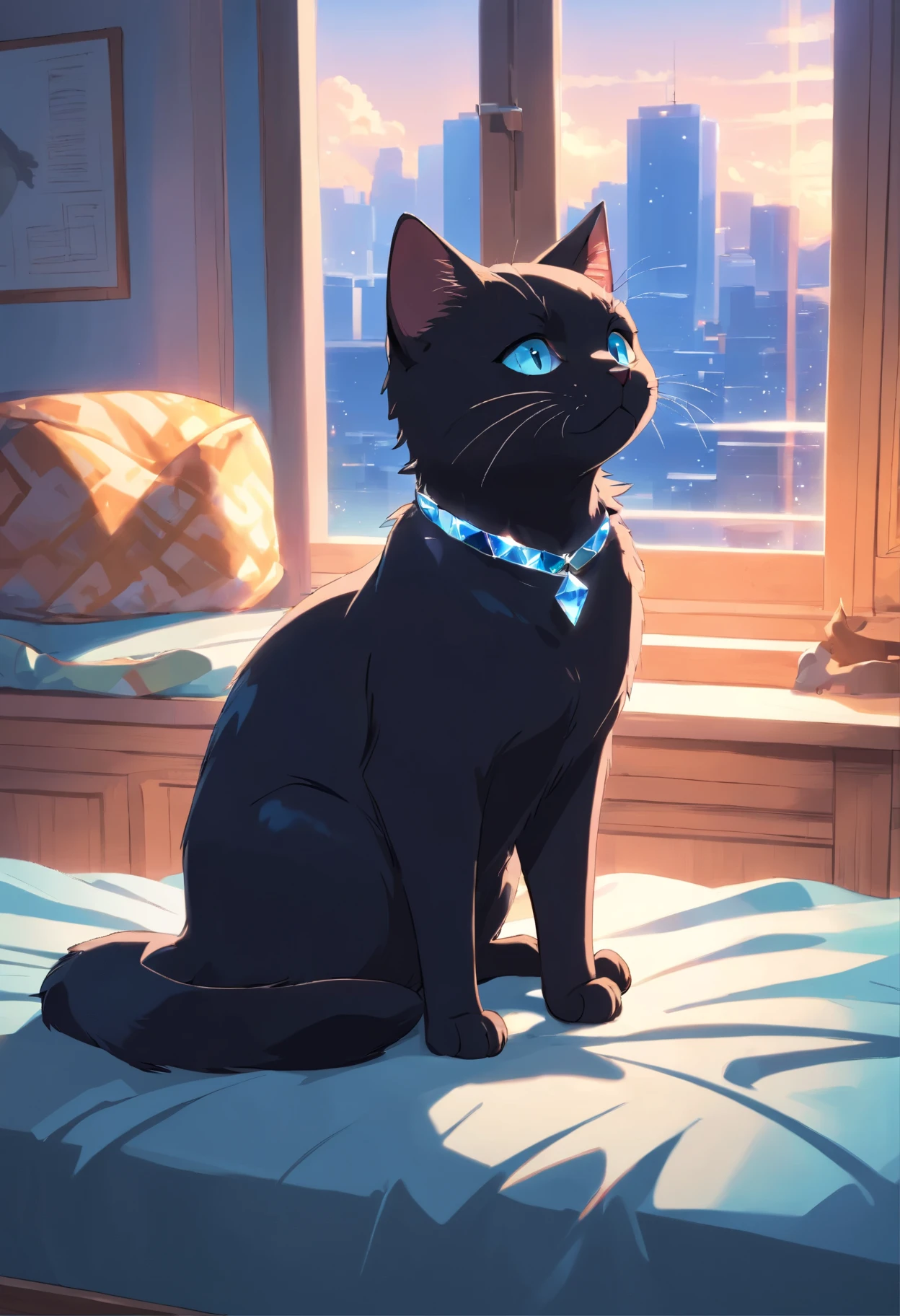 A black cat with blue eyes and a diamond collar,Cute vector of a long black kitten, Put your front legs forward、Hind legs and tail up, profile, Taking a long yawn on the blue pillow along the window pane. Anime Style, M Jenny Style, digital figure, Approaching perfection, Very detailed, Smooth, Sharp focus, figure, 4K resolution