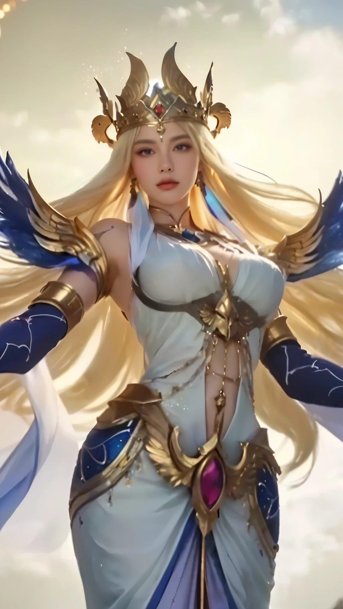 a beautiful fantasy empress, a woman in a white and blue dress, blonde long hair, gold crown, mystical atlantean valkyrie, (detailed eyes, beautiful detailed lips, extremely detailed face), (best quality,4k,8k,highres,masterpiece:1.2),ultra-detailed,(realistic,photorealistic,photo-realistic:1.37),HDR,UHD,studio lighting,ultra-fine painting,sharp focus,physically-based rendering,extreme detail description,professional,vivid colors,bokeh,fantasy,digital painting