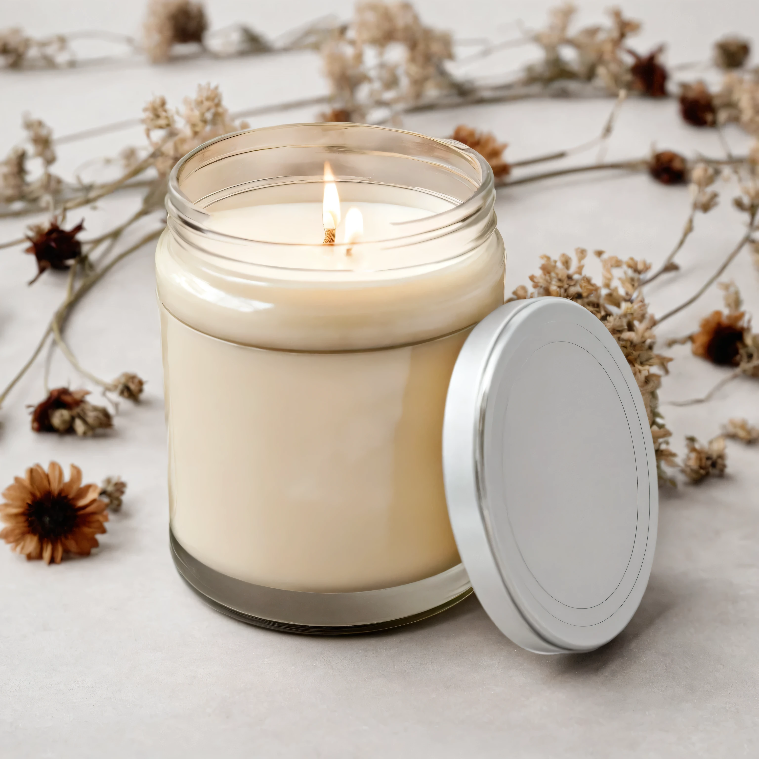Mockup empty, a blank beige candle in a jar with white label and black lid standing on a white plain surface, surrounded with abstract dried flowers composition, professional mockup photography, plenty dried flowers in background lots of dried flowers