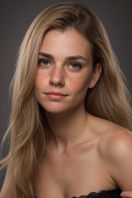 Photo de portrait regardant le spectateur. Redhead with tied hair, 25 ans, with rosy cheeks and few freckles on the face, traits fins, yeux clairs. detailed skin, lisse et équilibrée, slightly porous, thick lips, well defined and red, slightly thick eyebrows, visage joli, closed mouth, slightly cleft chin. serious facial expression. Hyperréalisme, photo nette et réaliste en 18k sous forme de portrait avec lumière naturelle professionnelle. Fully uncovered face, regardant droit devant, closed mouth, traits fins, thick lips.