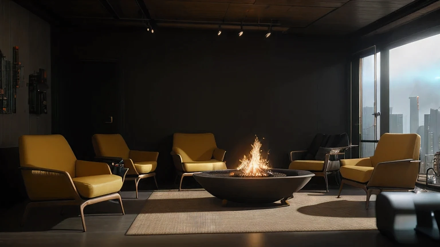 there are four chairs around a fire pit in a room, inspired by Mike Winkelmann, set in tokyo rooftop, rendered in unreal engine 4k hq, rendered in unreal engine 4 k hq, render unreal engine-h 704, render unreal engine - h 7 0 4, cyberpunk interior, fire, burning scene in the background， 8k vfx render, highly detailed vfx scene, hyperealistic octane render, hyper - realistic vfx render, unreal engine render concept art, unreal engine. film still, greg rutkowski. octane render, hyperrealistic vfx render, 8k octane unreal render, unreal engine 5 render dramatic, unreal octane render