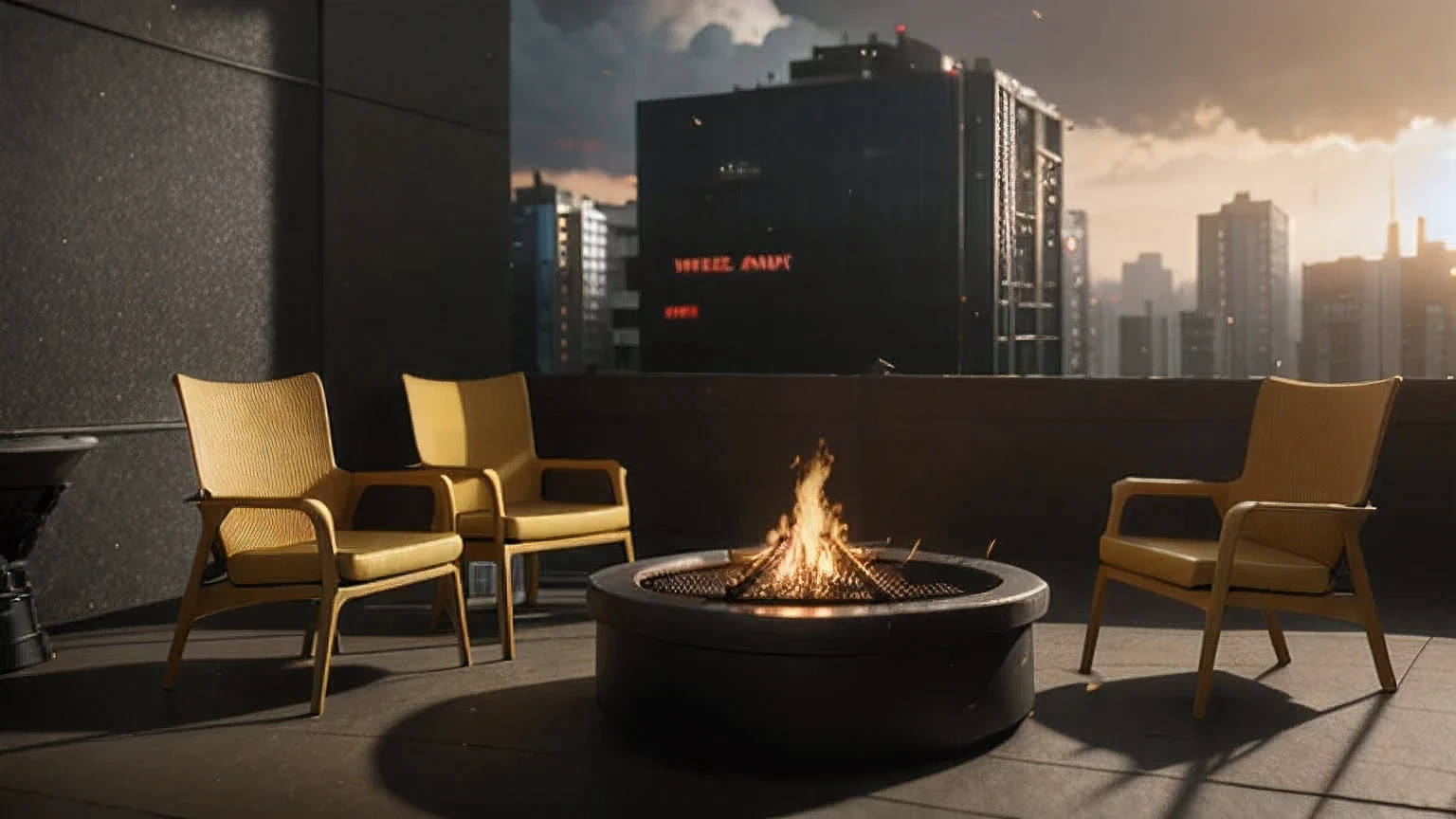 there are four chairs around a fire pit in a room, inspired by Mike Winkelmann, set in tokyo rooftop, rendered in unreal engine 4k hq, rendered in unreal engine 4 k hq, render unreal engine-h 704, render unreal engine - h 7 0 4, cyberpunk interior, fire, burning scene in the background， 8k vfx render, highly detailed vfx scene, hyperealistic octane render, hyper - realistic vfx render, unreal engine render concept art, unreal engine. film still, greg rutkowski. octane render, hyperrealistic vfx render, 8k octane unreal render, unreal engine 5 render dramatic, unreal octane render