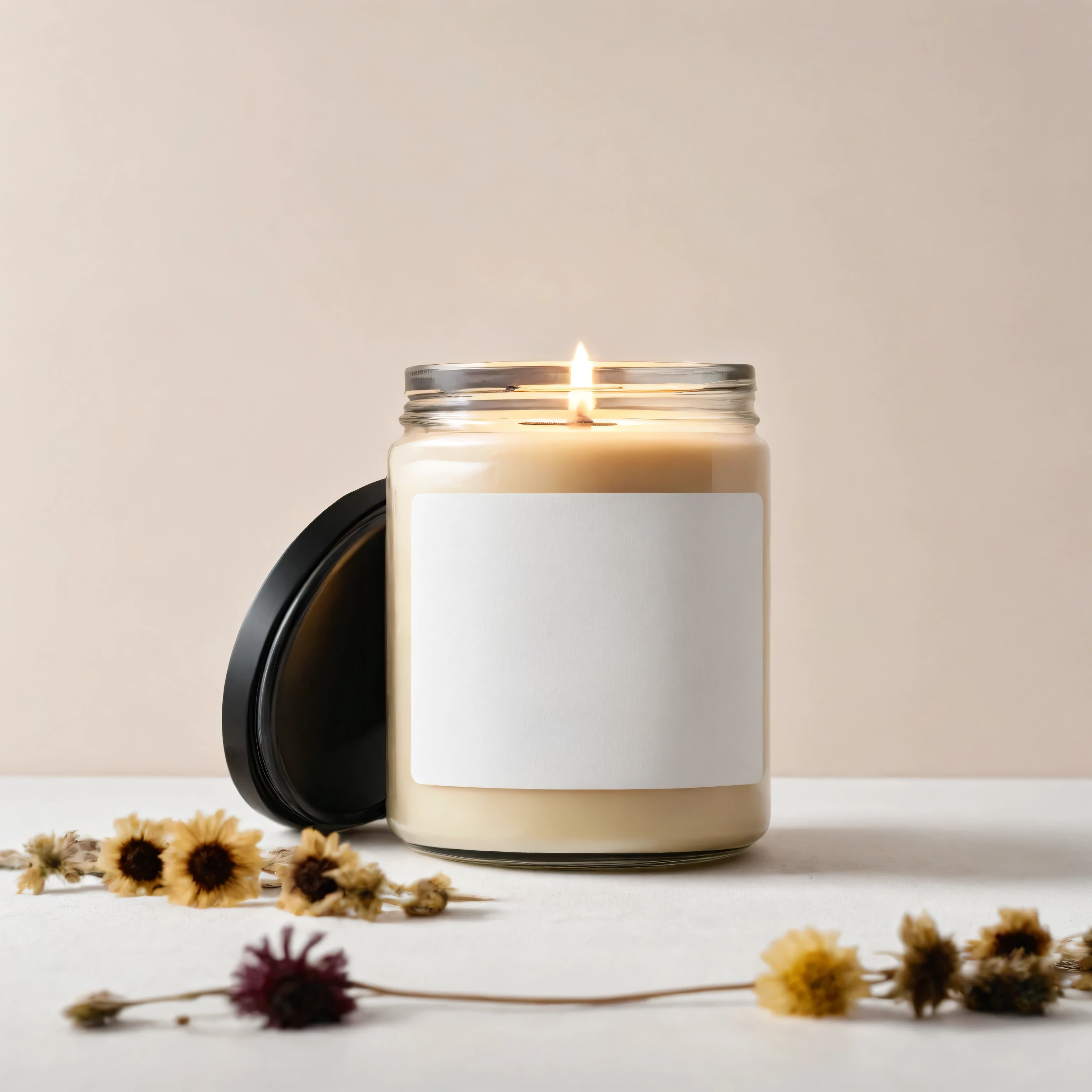 Mockup empty, a blank beige candle in a jar with white label and black lid standing on a white plain surface, surrounded with abstract dried flowers composition, professional mockup photography, plenty dried flowers in background lots of dried flowers
