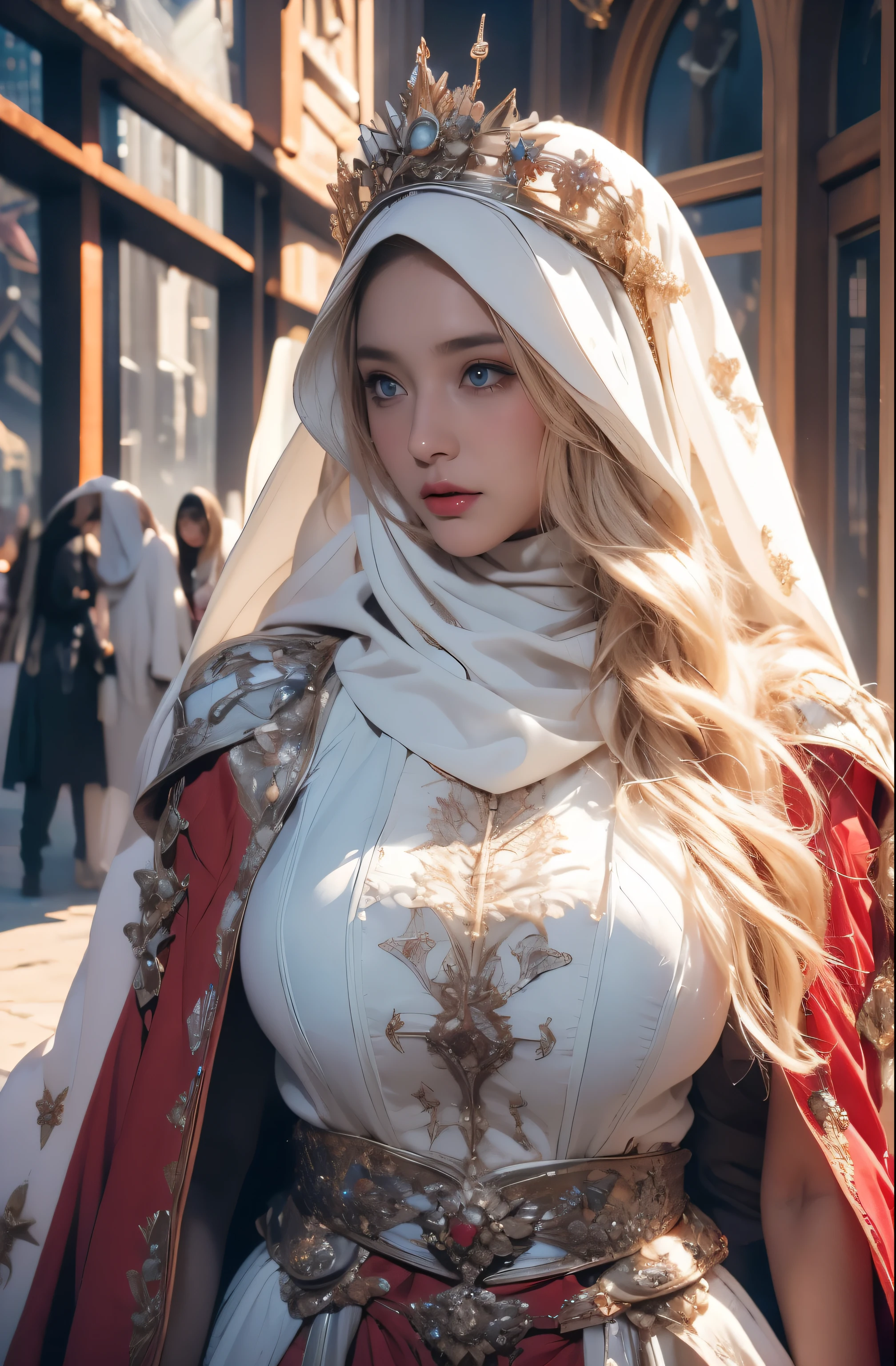 Elegant armor,princess, Full body, wearing a hijab , crown luxury , blue eye, blond hair, around 17 years old, (red silver hijab), tmasterpiece,Best quality at best,A high resolution,8K,((Portrait)),(upper body),Original photo,real photograph,digital photography, (Medieval angel princess in fantasy style), sexy princess ,blue eye, super colossal brest, pointy colossal breast extravagant ornament,cparted lips,Keep your mouth shuegant and charming,((Blushing)),virgin content,Calm and handsome,(Medieval fantasy armor, The Beautiful super huge pointy breast, small waist, perfect colossal breast of princess body, a blue delicate pattern,red Cloak),(anhelic princess character medieval fantasy style,oc render reflection texture, sexy style, sexy colossal breast , medieval castle background, slim body, very small waist, (luxury armor pattern) , super slim , sexy style, angel 4 wings