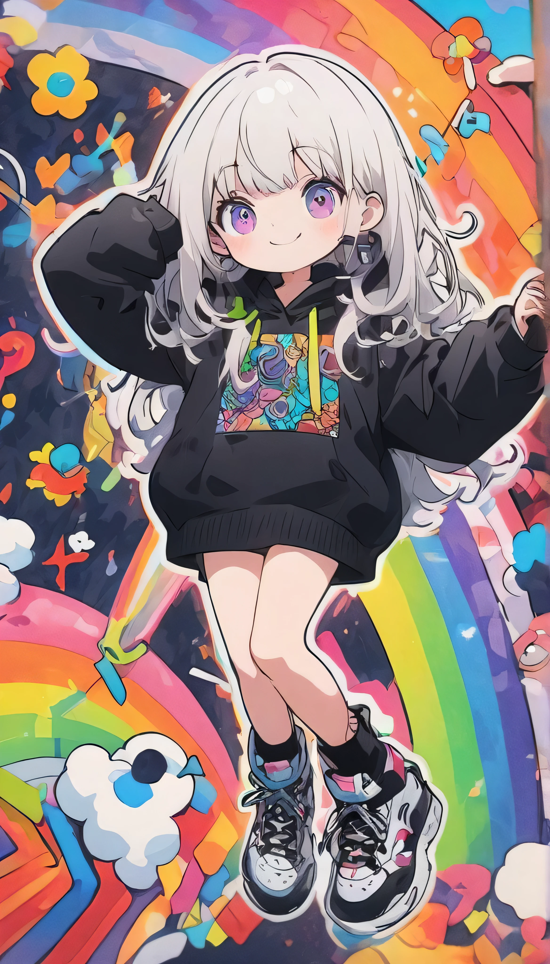 Ultra-detail character. Fluorescent accents. Clothes with white stitching. Thin legs. Her smile. She is smart. She wears sneakers. Anime style. White and black outlines. Sticker style. Thick outlines. ultra-detail. high quality. Flat illustration. A girl with white hair. She is wearing a black hoodie. Cute girl. Colorful art brut art pattern background mixed with rainbow zentangle pattern background