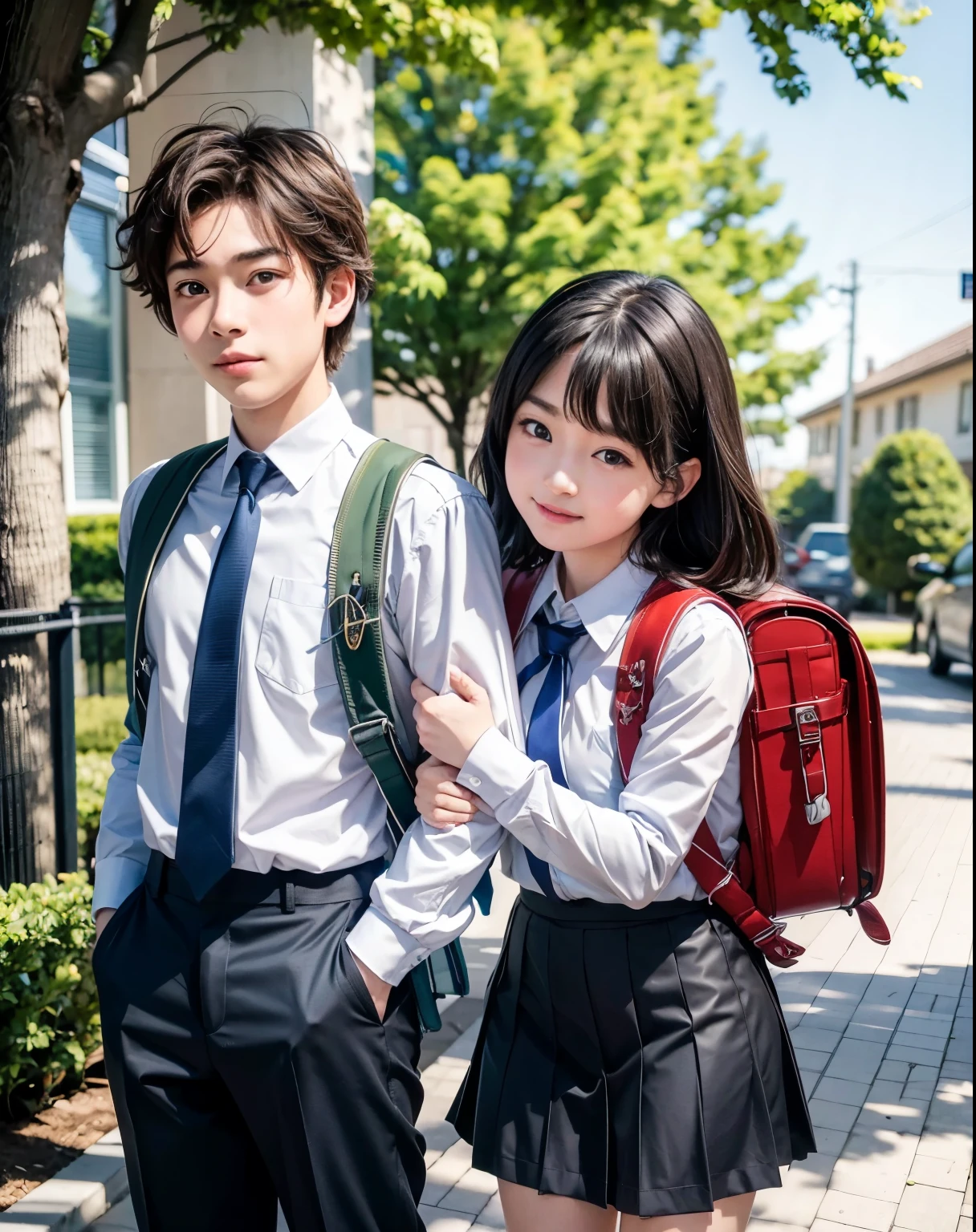 Masterpiece, hd, realistic, high students, 1girl and 1boy,  school_uniform, standing, outdoor, a couple a boy  and a girl wearing  and carries  school backpack, (couple:1.2), (backpack:1.2), 