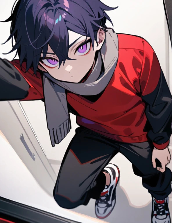 masterpiece, best quality, high quality, 1boy teenage hybrid demon, alone, male focus, looking at viewer, full body, dark blue hair, purple eyes, gray scarf, red sweatshirt with black sleeves, black pants, black and white sneakers, taking a selfie with your cell phone camera