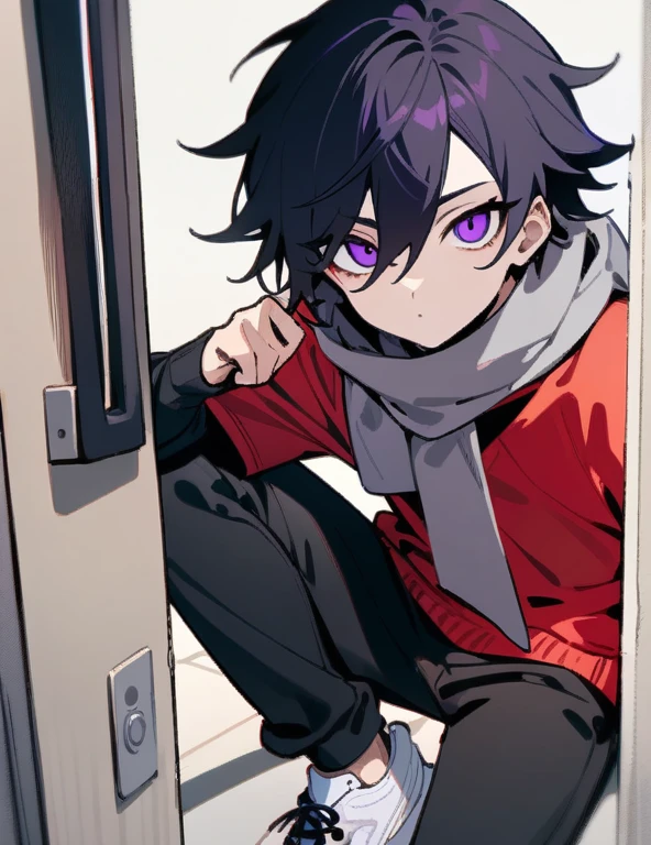 masterpiece, best quality, high quality, 1boy teenage hybrid demon, alone, male focus, looking at viewer, full body, dark blue hair, purple eyes, gray scarf, red sweatshirt with black sleeves, black pants, black and white sneakers, taking a selfie with your cell phone camera