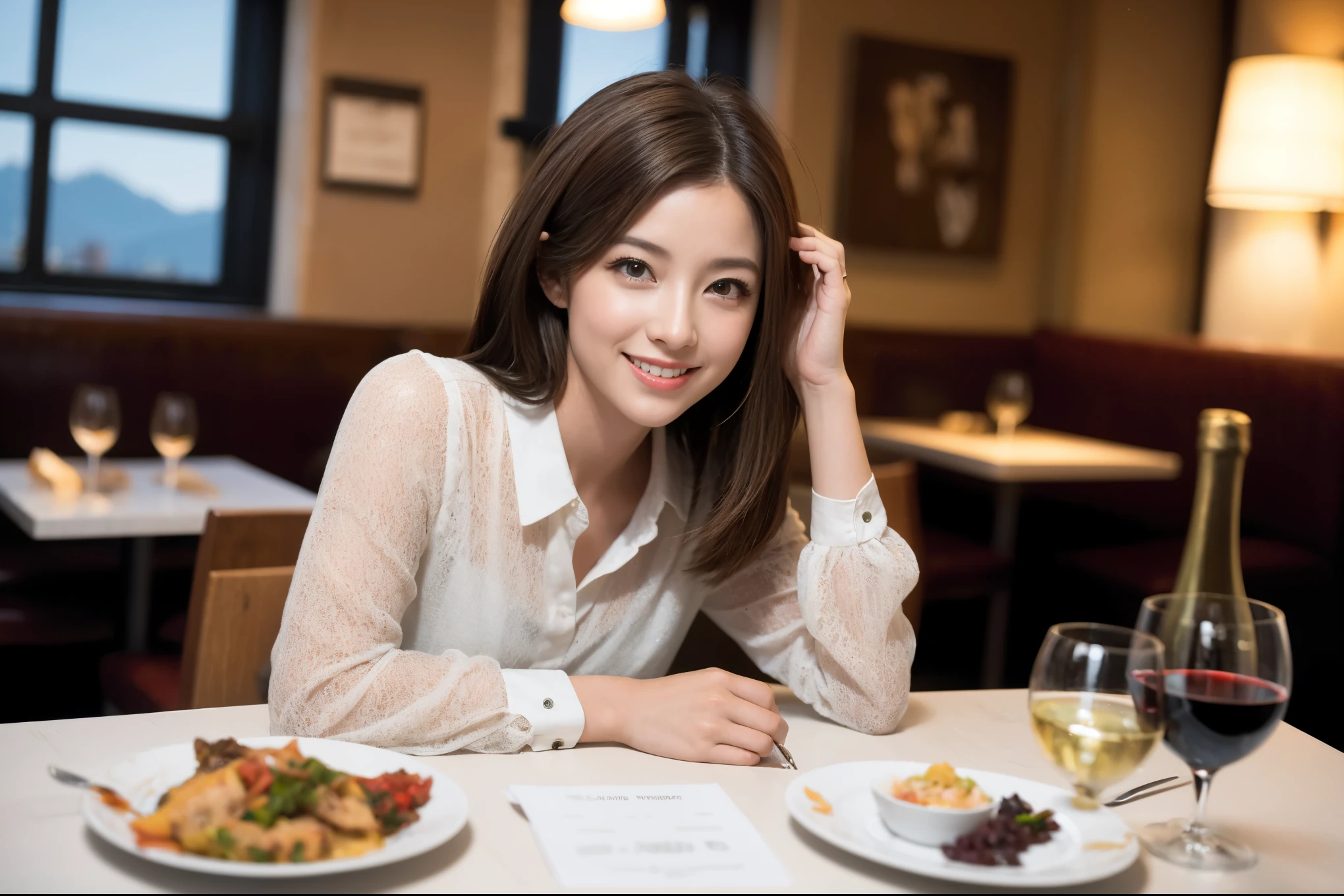 ((highest quality、8k、masterpiece:1.3))、1 male、1 female、Couple、Spouse、Satomi Ishihara-like beautiful couple、The body is slim、((Bob Hale、Straight hair:1.2)), (Realistic, Intricate details:1.2), Wine glass on the table、Put the light on your face、 Amazing view of the sunset sky and clouds、Amazing mountain views、A bright smile、The wonderfulness of smile、Bright image、The beauty of wine, Beautiful Face, blue eyes, The light shines on your face, Blushing, short hair,Bright Face、 (43 years old), 39 years old, red wine 、Appetizers、Italian food、Wine bottle、Champagne、sparkling wine、Two beauties、Brown Hair、Shortcuts、Long sleeve shirt、dress、Pretty Woman 1, (Slim face), (The body is slim), (Brown Hair), (Shortcuts), cheeks turn a little red,Attractive beauty、restaurant, In a prominent place (From the waist up) Nova Frog Style, actress, model, Upper Body, White wine, slim, wine glass, A wine glass placed in the center, smile, (smile: 1.15), Beautiful fine grain, Depth f/2,saturation, High Contrast, Strong light and shadow,Moist Body:1.5、3D texture、Delicate eyes、Brown Hair、The hair is very shiny、