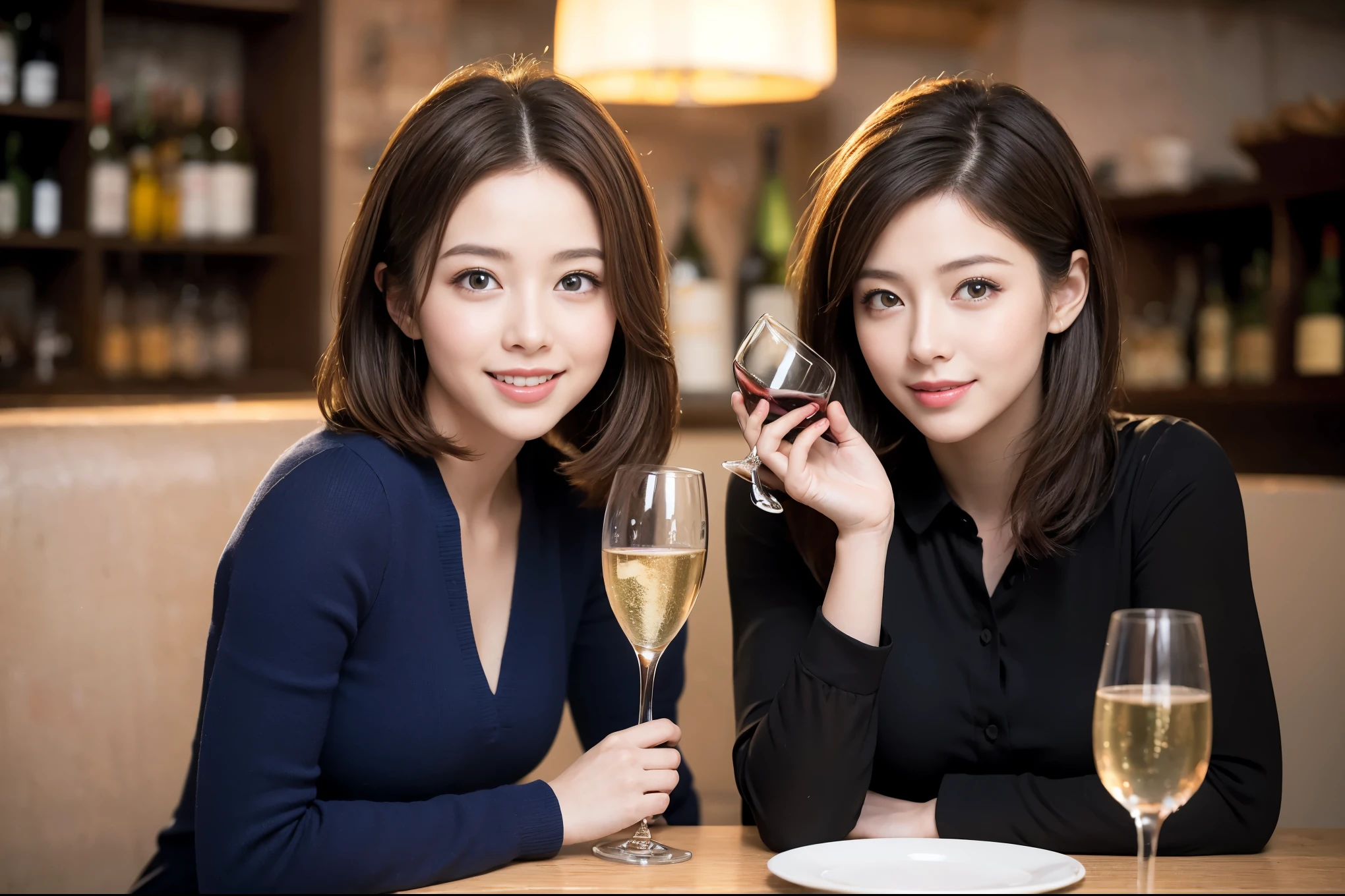 ((highest quality、8k、masterpiece:1.3))、1 male、1 female、Couple、Spouse、Satomi Ishihara-like beautiful couple、The body is slim、((Bob Hale、Straight hair:1.2)), (Realistic, Intricate details:1.2), Wine glass on the table、Put the light on your face、 Amazing view of the sunset sky and clouds、Amazing mountain views、A bright smile、The wonderfulness of smile、Bright image、The beauty of wine, Beautiful Face, blue eyes, The light shines on your face, Blushing, short hair,Bright Face、 (43 years old), 39 years old, red wine 、Appetizers、Italian food、Wine bottle、Champagne、sparkling wine、Two beauties、Brown Hair、Shortcuts、Long sleeve shirt、dress、Pretty Woman 1, (Slim face), (The body is slim), (Brown Hair), (Shortcuts), cheeks turn a little red,Attractive beauty、restaurant, In a prominent place (From the waist up) Nova Frog Style, actress, model, Upper Body, White wine, slim, wine glass, A wine glass placed in the center, smile, (smile: 1.15), Beautiful fine grain, Depth f/2,saturation, High Contrast, Strong light and shadow,Moist Body:1.5、3D texture、Delicate eyes、Brown Hair、The hair is very shiny、