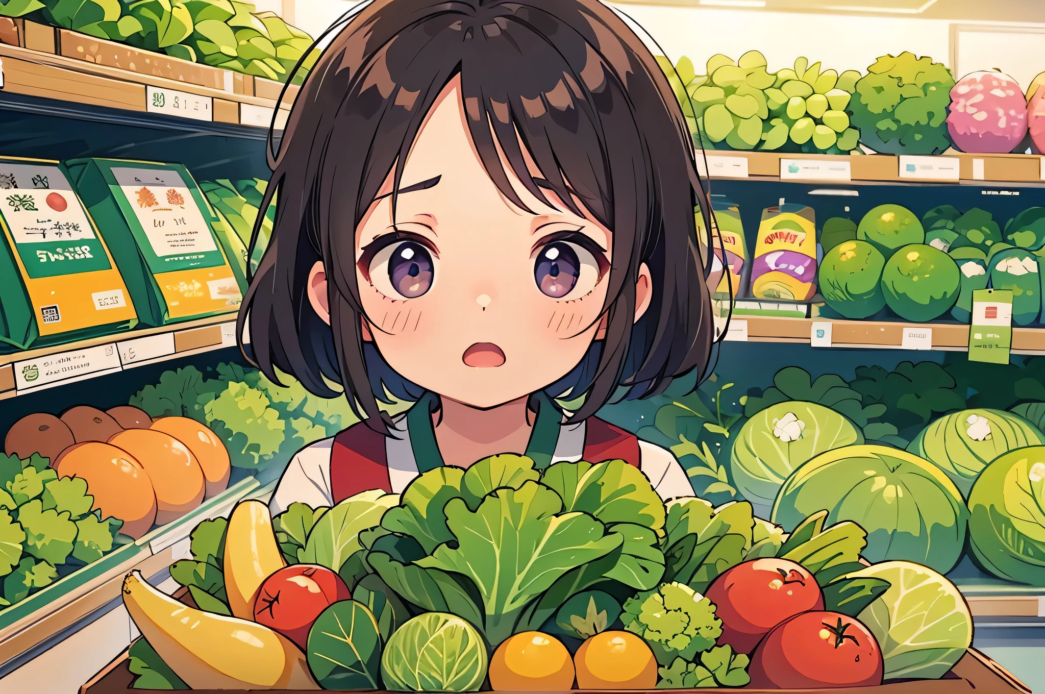 ((masterpiece, highest quality)), Japanese, girl, Inside the supermarket, There are a lot of cabbages behind, A face that looks very surprised at the high price of cabbage, I am in agony, I hate it