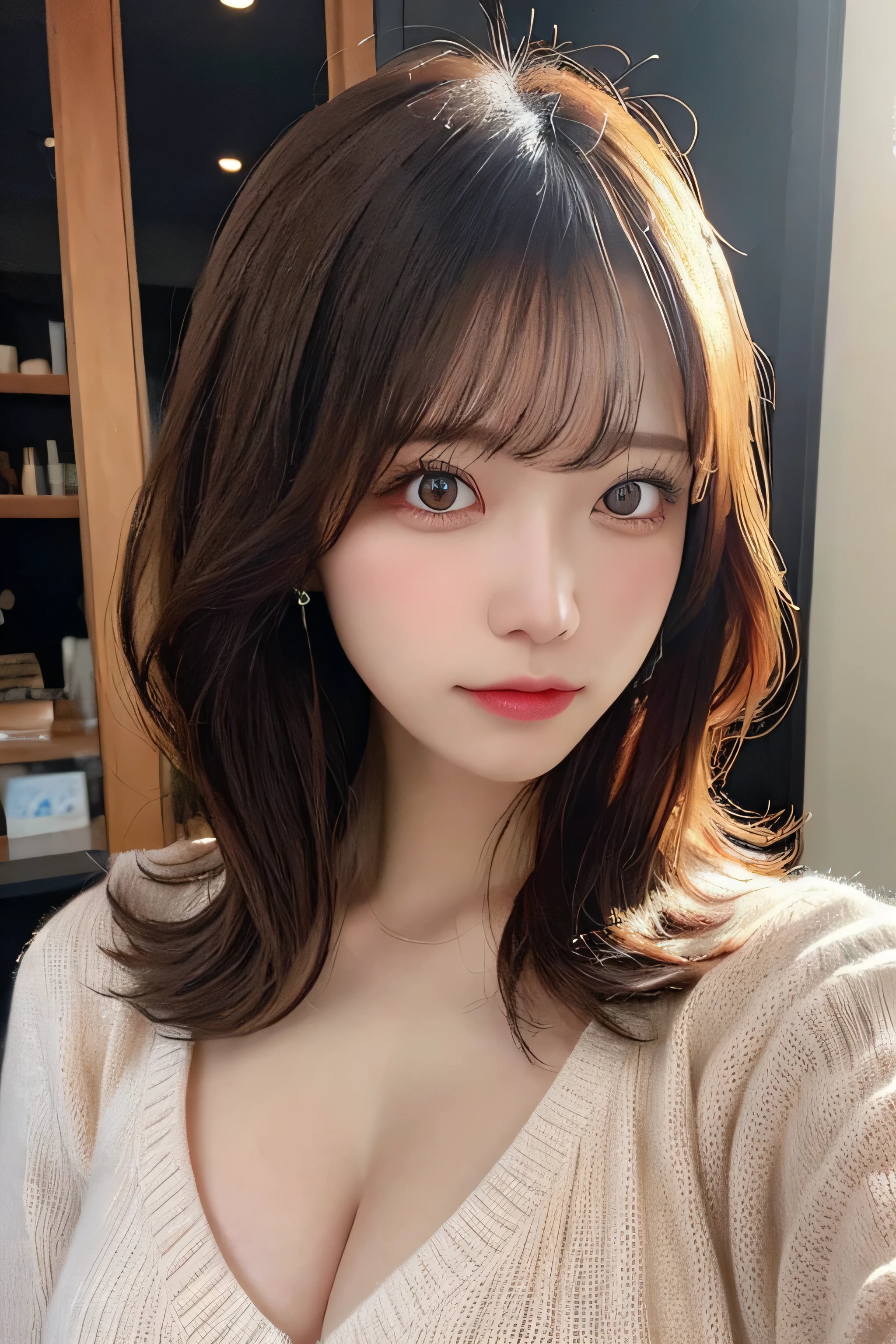 masutepiece, Best Quality, Illustration, Ultra-detailed, finedetail, hight resolution, 8K Wallpaper, Perfect dynamic composition, Beautiful detailed eyes, Natural lips, Red knitted dress , Big breasts, cleavage