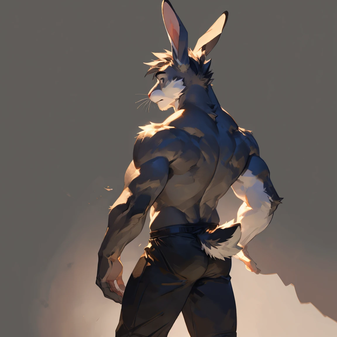 Solo, male, Medium muscular, rabbit, light gray, light gray rabbit, rabbit in underwear, black underwear, long ears, from back, back view, posing, with short tail, tail, rabbit tail, bunny, bunny tail, anatomy, good anatomy, perfect anatomy, male anatomy, perfect body, ((focus body, furry focus, shadows focus, body shadows)) nice body, standing, posing, model, light, shades, 4k, high quality (((gray background, gray wallpaper, one color))), by darkgem, by mystikfox61