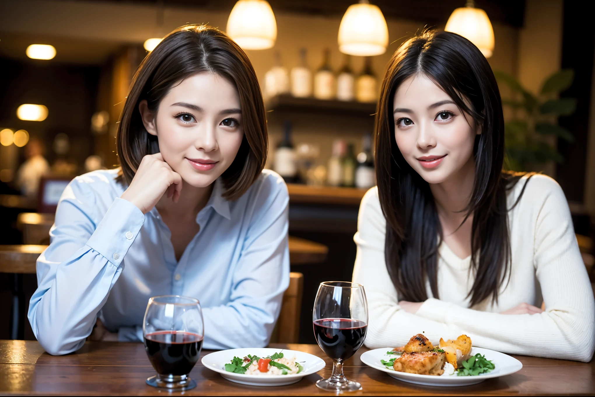 ((highest quality、8k、masterpiece:1.3))、1 male、1 woman who resembles Satomi Ishihara、Couple、Spouse、Couple、The body is slim、((Bob Hale、Straight hair:1.2)), (Realistic, Intricate details:1.2), Wine glass on the table、Put the light on your face、 Amazing view of the sunset sky and clouds、Amazing mountain views、A bright smile、The wonderfulness of smile、Bright image、The beauty of wine, Beautiful Face, blue eyes, The light shines on your face, Blushing, short hair,Bright Face、 (Age 42), 39 years old, red wine 、Appetizers、Italian food、Wine bottle、Champagne、sparkling wine、Two beauties、Brown Hair、Shortcuts、Long sleeve shirt、dress、Pretty Woman 1, (Slim face), (The body is slim), (Brown Hair), (Shortcuts), cheeks turn a little red,Attractive beauty、restaurant, In a prominent place (From the waist up) Nova Frog Style, actress, model, Upper Body, White wine, slim, wine glass, A wine glass placed in the center, smile, (smile: 1.15), Beautiful fine grain, Depth f/2,saturation, High Contrast, Strong light and shadow,Moist Body:1.5、3D texture、Delicate eyes、Brown Hair、The hair is very shiny、