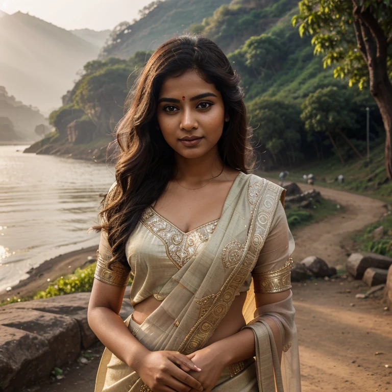A charming Indian woman of incomparable beauty face. Her soft dimples and realistic expression lines add authenticity to her look. The sun's rays illuminate her skin, highlighting her beauty. She is wearing saree, sari Beauty, gorgeous, Apsara, Maharani, nymph from Hindu Mythology, Urvashi. The background shows her standing by the roadside at Lonavala Ghat, Maharashtra, India. To capture this extraordinary scene, a high-resolution camera such as the Phase One XF IQ4 150MP is required. The lighting is diffused and natural, minimizing harsh shadows. The camera settings include a medium aperture, adjusted shutter speed, and a high-quality wide-angle lens with a focal length of approximately 35mm to capture the entire scene in an immersive way. Sharp, precise details are captured, from her wavy hair to the complex patterns of her clothing, ensuring a natural and stunning image.