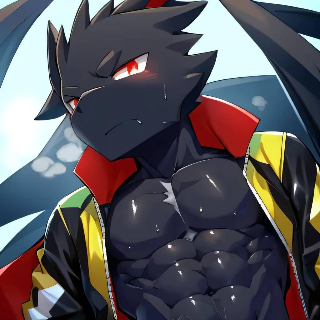 Thin macho　western black dragon　　abs　　　　　Hollow abs　　body suit　　thick arms　　　chest rig　　　、sweaty　　　skin glow　　profile　　Wearily　short of breath　　  　Chemo shota
jacket