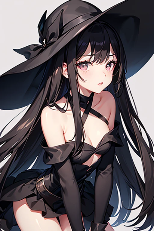 long, straight black hair, small dark eyes, thin hair, small nose, small pastel pink lips, big breasts, small waist, tight strapless dress, black open chest, black cape, black hat, black elbow length gloves