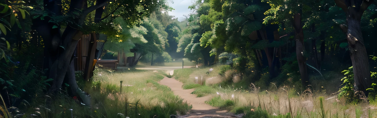 (Extremely detailed CG unity 8k wallpaper),masterpiece，Intricate details，Horizontal version，2.5D illustration style，colorful，Dense woods，Overgrown with Grass，Surrounded by light mist，Half the sky