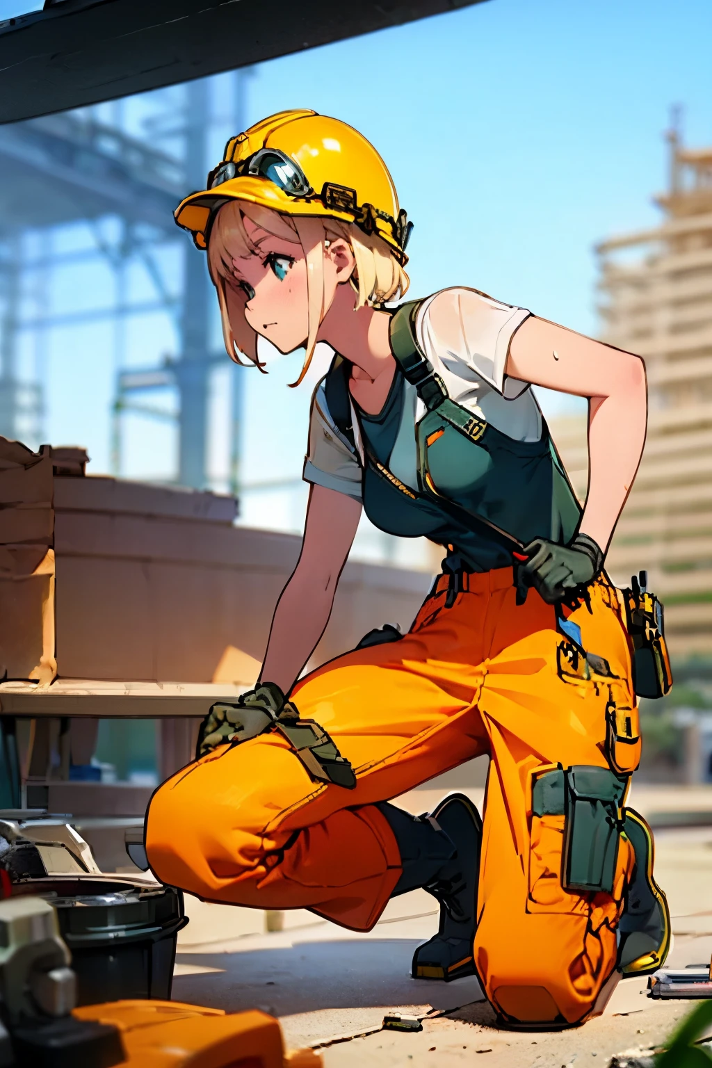 Masterpiece, high quality, highly detailed backgrond, A young female carpenter working on a busy construction site, Blonde hair, short hair, straight hair, fringe, freckled face, green eyes, curvy figure, She is wearing a yellow hardhat/safety helmet, button up t-shirt, safety vest, baggy cargo pants, blue overalls with tools in pockets, heavy duty work boots, suspenders, tool belt, safety goggles, work gloves, she has a mischievous and determined expression, her face and body is turned away from the camera, side profile, kneeling down, woodworker, construction worker, contractor 

Action pose, candid pose, sweat glistening, hyper realistic, high contrast, strong shadows and highlights, 1girl, outdoor construction site, busy cluttered worksite, debris, machinery, tools, equipment