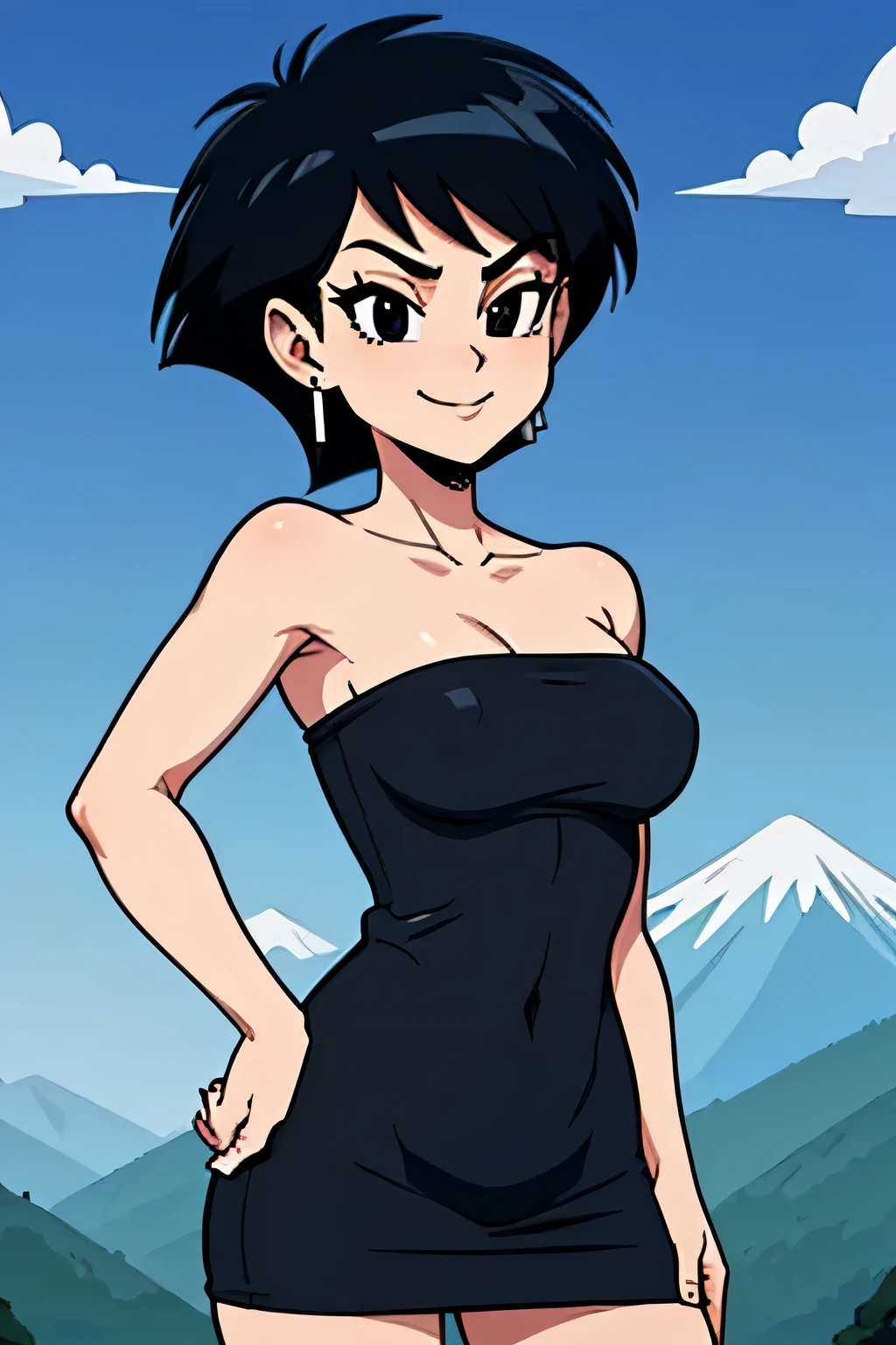 (masterpiece, best quality), 1girl, fasha, 1girl, solo, black eyes, black hair, short hair, spiked hair, earrings, black dress, strapless tube dress, bare shoulders, cowboy shot, green valley and mountains, blue skies, seductive smile
