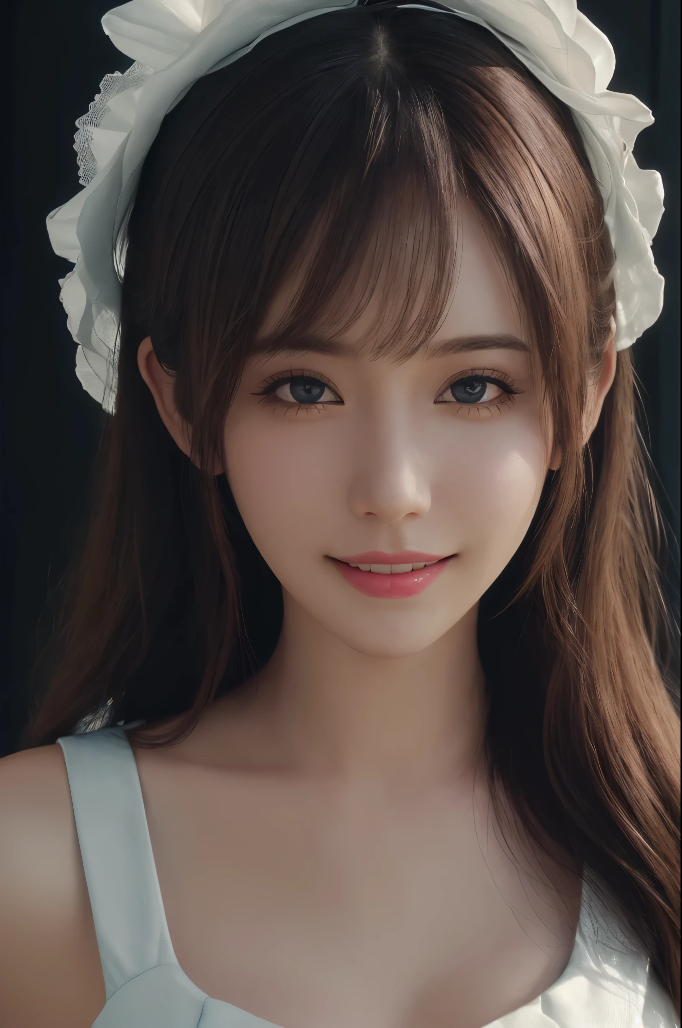 close-up portrait of a girl, fair skin, deep expressive eyes, sweet smile, soft lighting, blurred background, best quality, high resolution, ultra-detailed, realistic, portraits, vivid colors, studio lighting