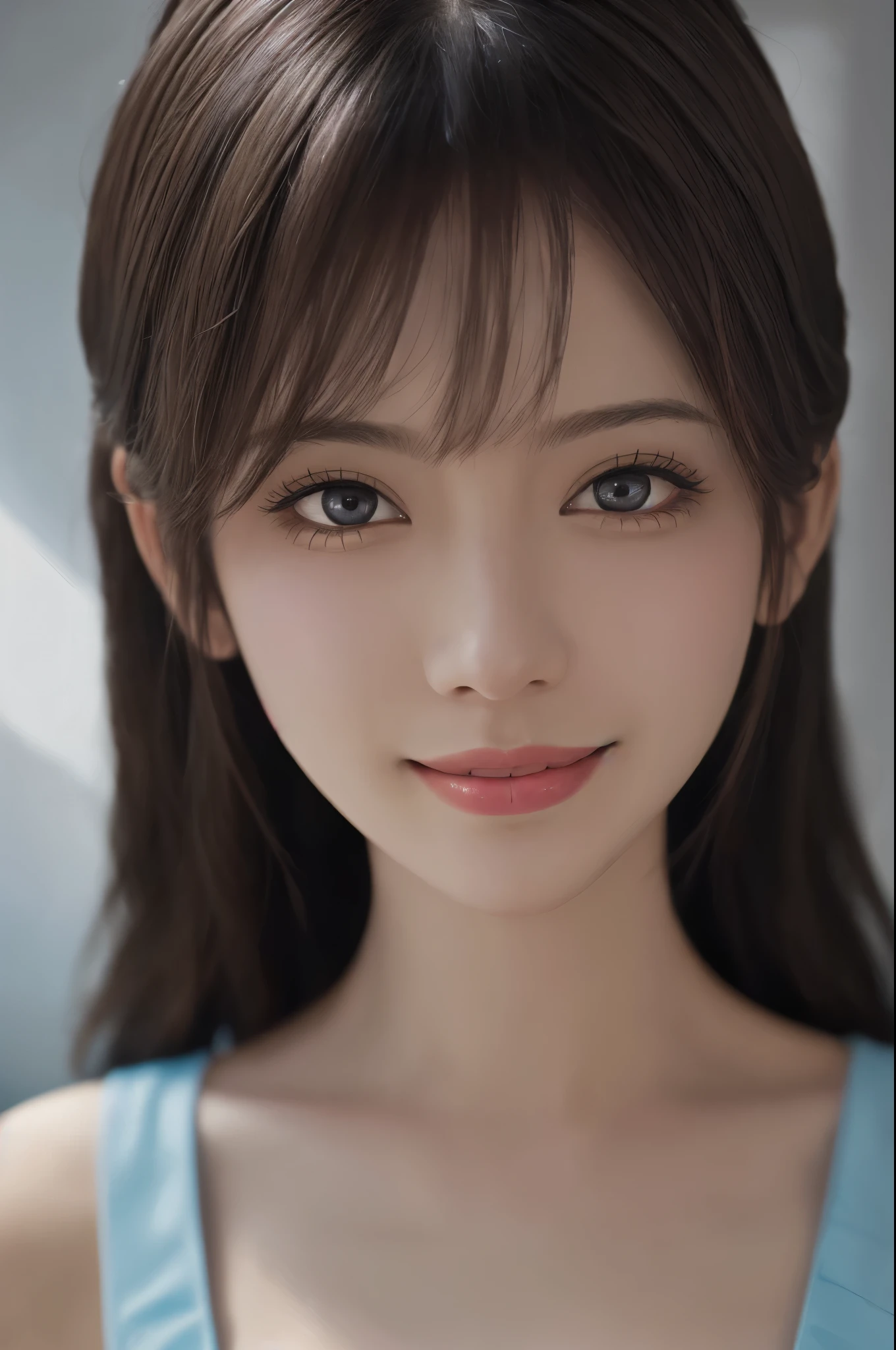 close-up portrait of a girl, fair skin, deep expressive eyes, sweet smile, soft lighting, blurred background, best quality, high resolution, ultra-detailed, realistic, portraits, vivid colors, studio lighting