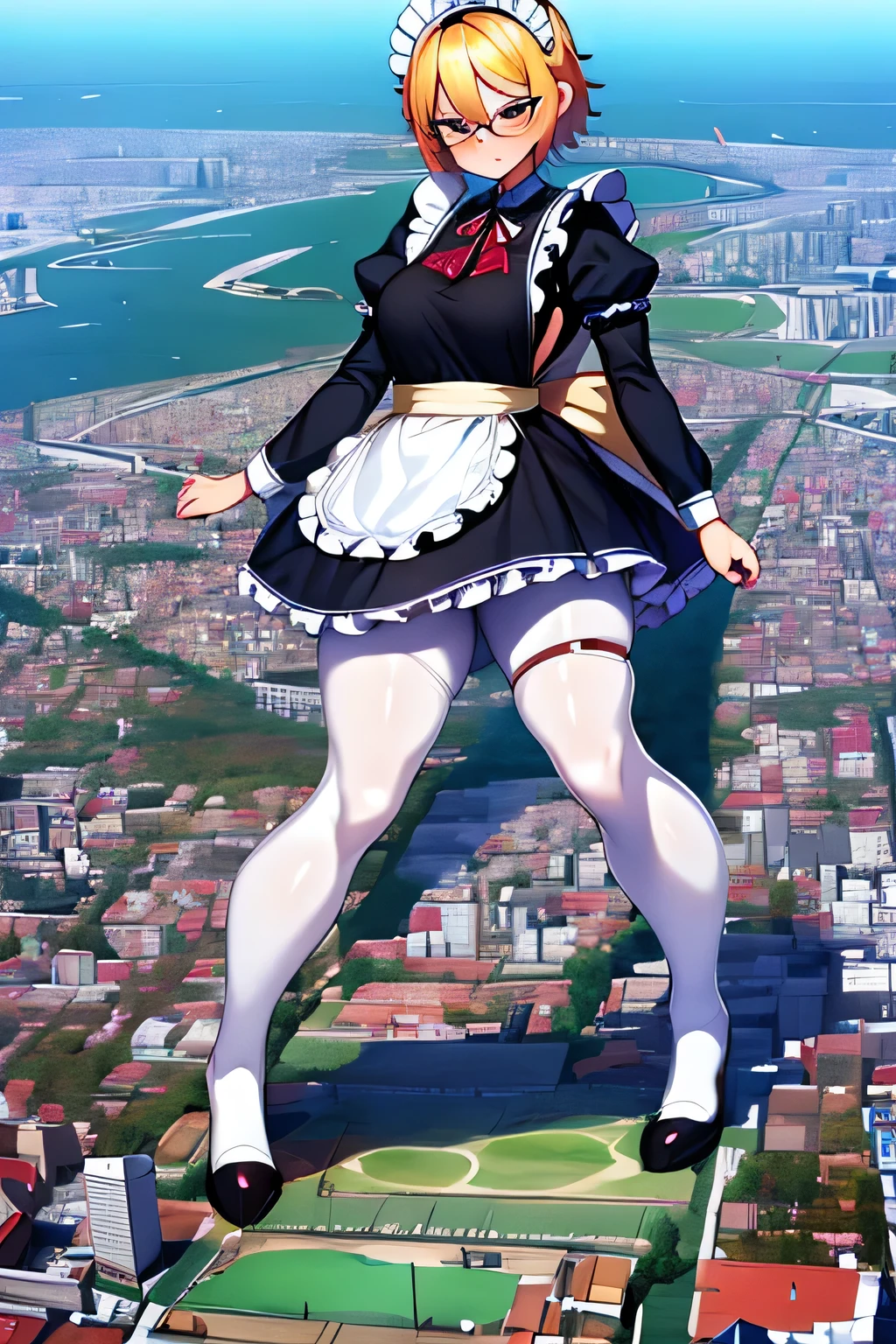 giantess art, highly detailed giantess shots, giantess, Two legs, Five fingers, short hair, A beautiful girl who is bigger than any skyscraper, Wearing rimless glasses, Big Breasts, Big Butt, Maid clothes, Black Pantyhose, black pantyhose, no shoes on, toes visible through pantyhose, Steam coming out from the soles of the feet, A very small big city, Miniature metropolis, Full body description, GTS, giga giantess, stomping city, crash city, tiny city, micro city, pantyhose feet, High resolution, highest quality, masterpiece, Maid, maid,