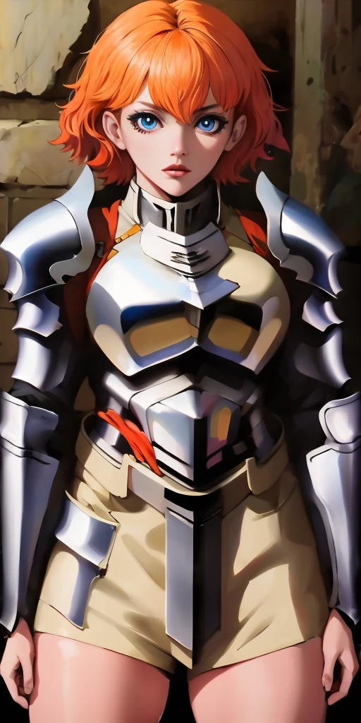 funger, very detailed illustration, 1girl, big breasts, high res high quality, masterpiece, looking at viewer, (knight), orange hair, absurdness, ultra-detailed, short hair