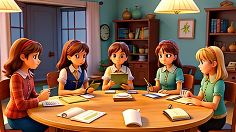 Six ladies are sitting around a table, each reading a book.