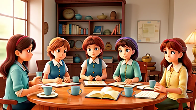 Six ladies are sitting around a table, each reading a book.