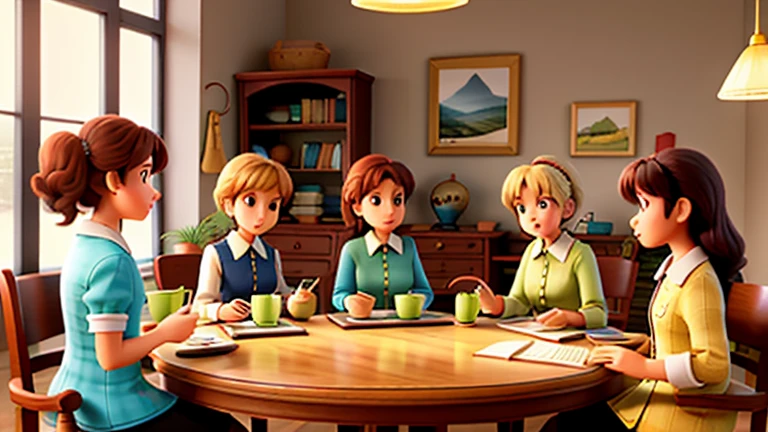 Six ladies are sitting around a table, each reading a book.