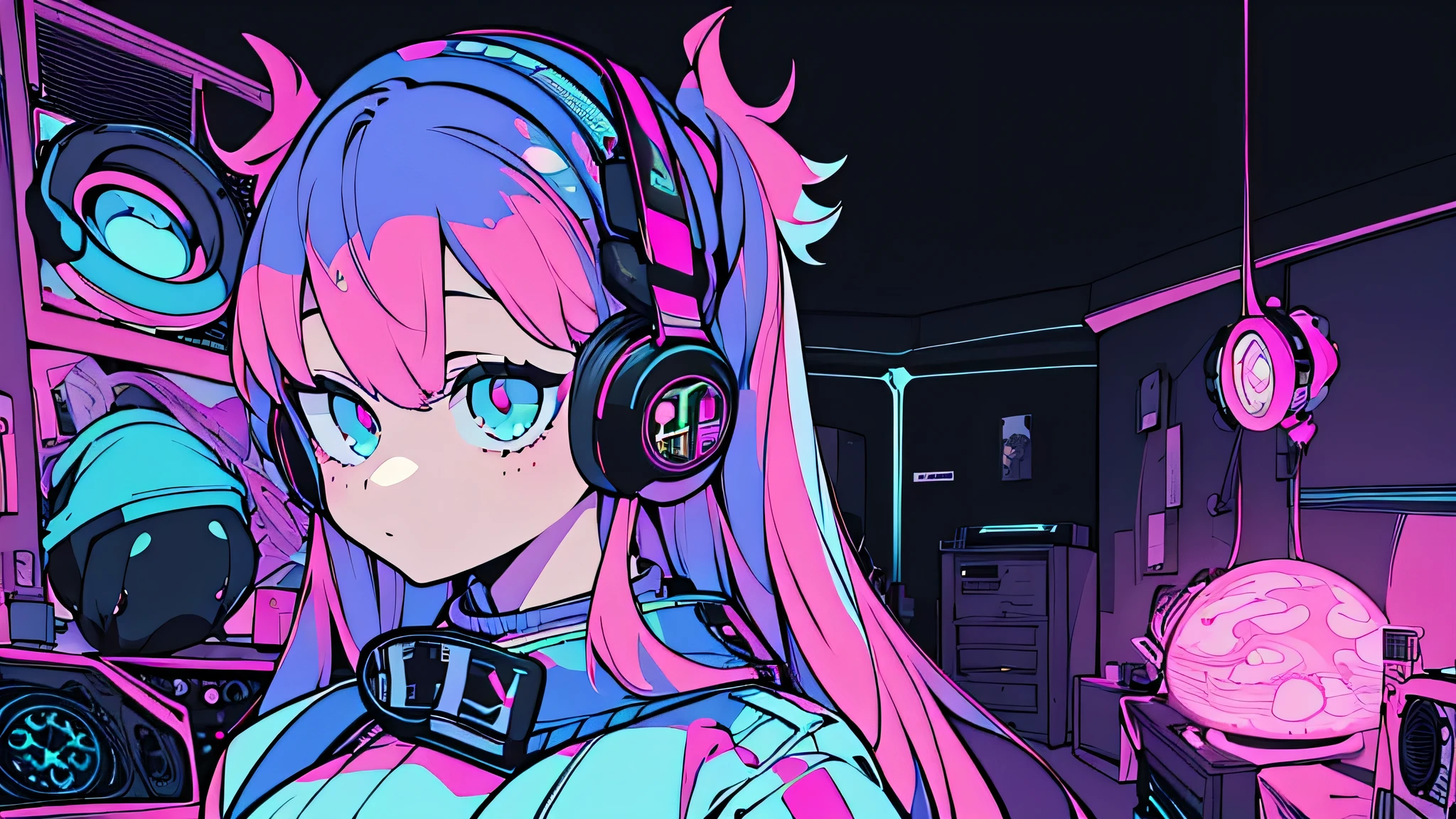 Best quality, (masterpiece:1.2), best detail face,1 girl, big breasts, 18 yo, 8k,absurdres,unity 8k wall paper,(extremely detailed:1.3), highest realistic, (retro headphones:1.1), (soft neon light:1.1), (floating hair:1.2), (psychedelic:1.2), Her room full of music equipment, Light clothing in summer, See the whole room, She is leaving the room